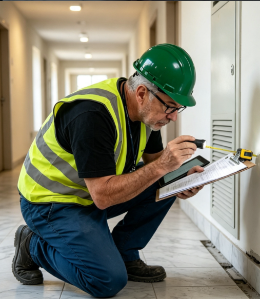 Engenheiro realizando inspeção predial em uma edificação